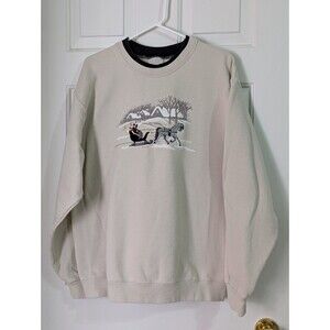 VTG Top Stitch Sweatshirt Womens Large Beige Winter Horse Sleigh Christmas Snow